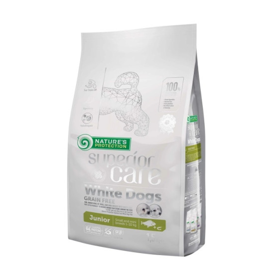 Superior Care White Dogs Grain Free Small & Mini Breeds Junior – hrană uscată fără cereale pentru pui de câine de talie mică și mini, cu pește alb, 1,5 kg